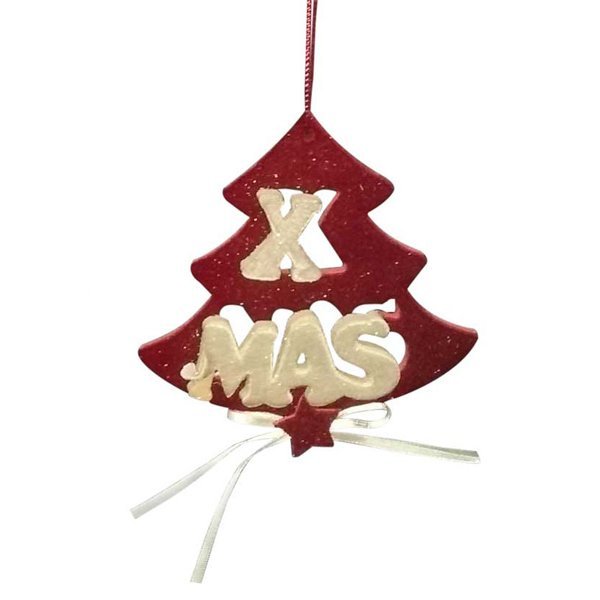 Χριστουγεννιάτικο Κρεμαστό Κόκκινο Δεντράκι, με Μπεζ "XMAS" και Ασημί Φιόγκο (13cm)